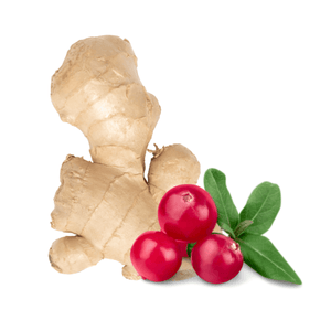 piece of ginger next to three cranberries